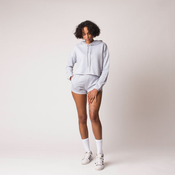 D001CRPHD Detail French Terry Cropped Hoodie Heather Grey