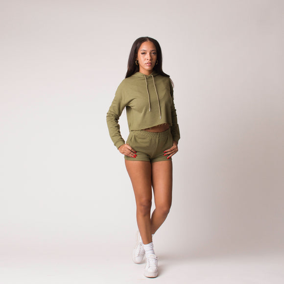D001CRPHD Detail French Terry Cropped Hoodie Military Green